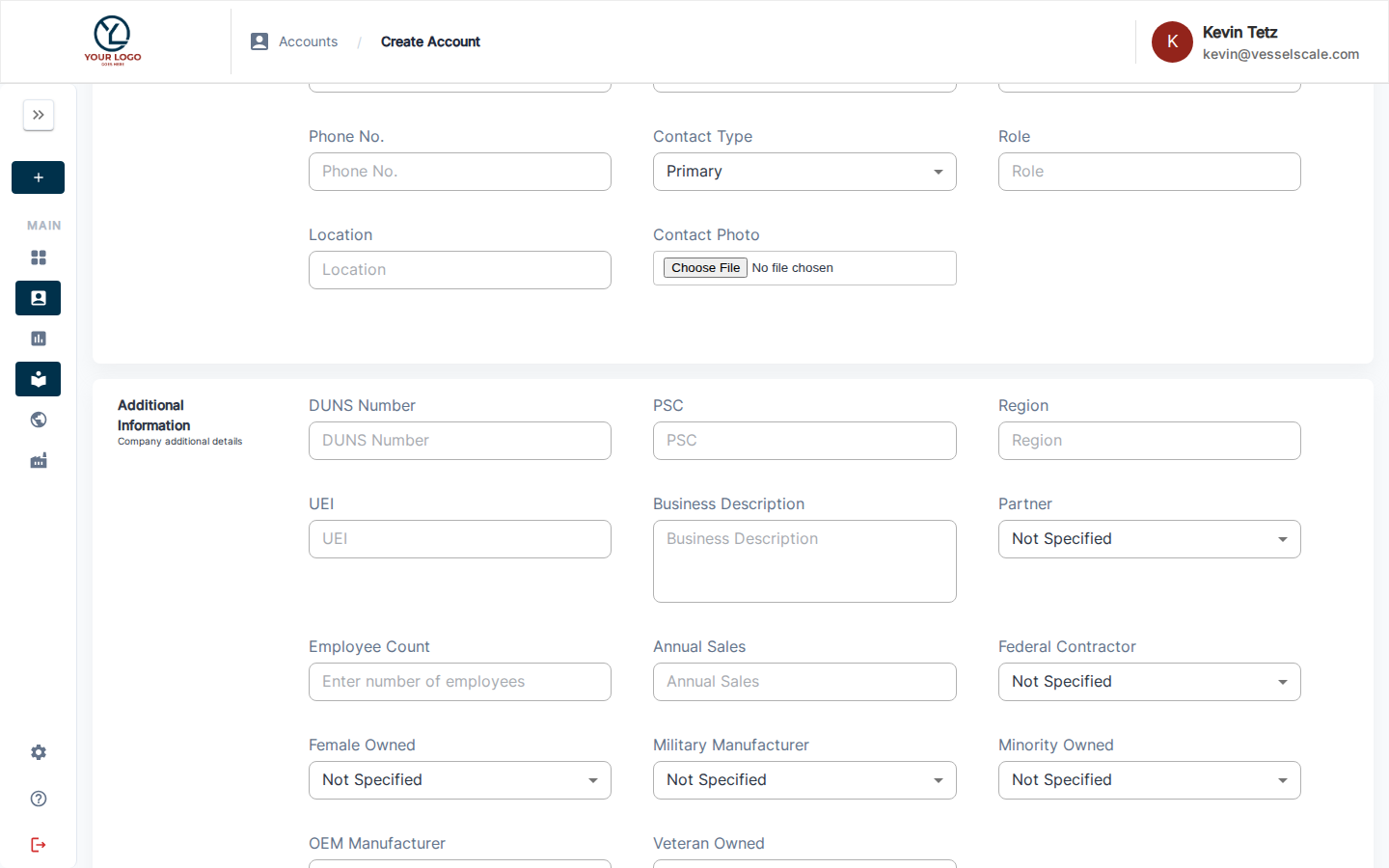 Create New Account form — lower sections