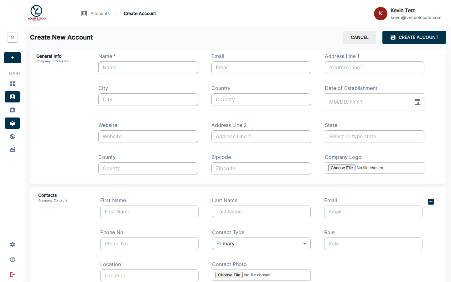 Create New Account form showing General Info and Contacts sections