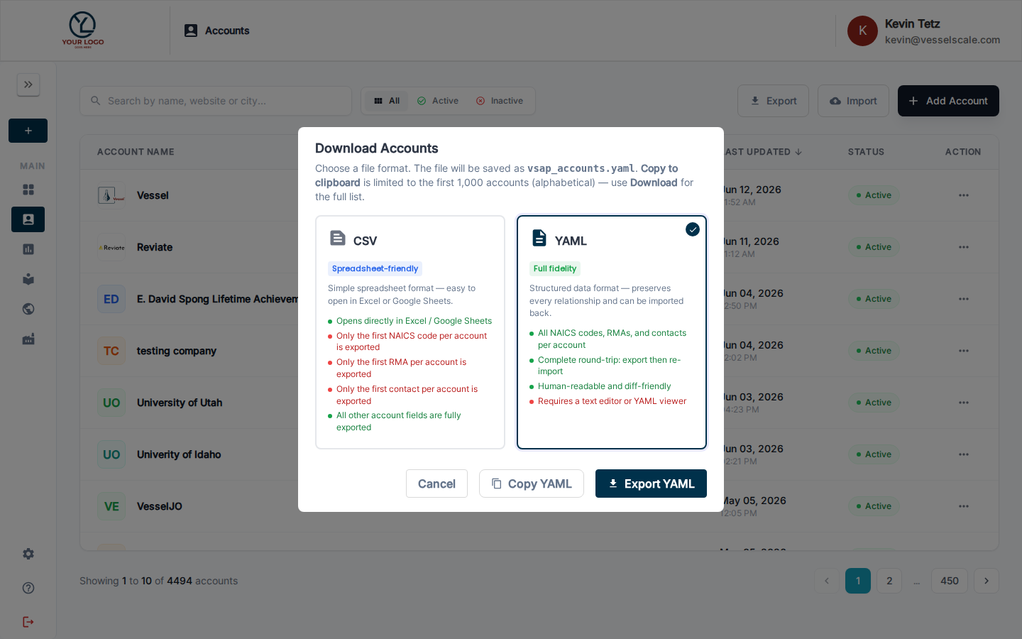 Export format picker modal