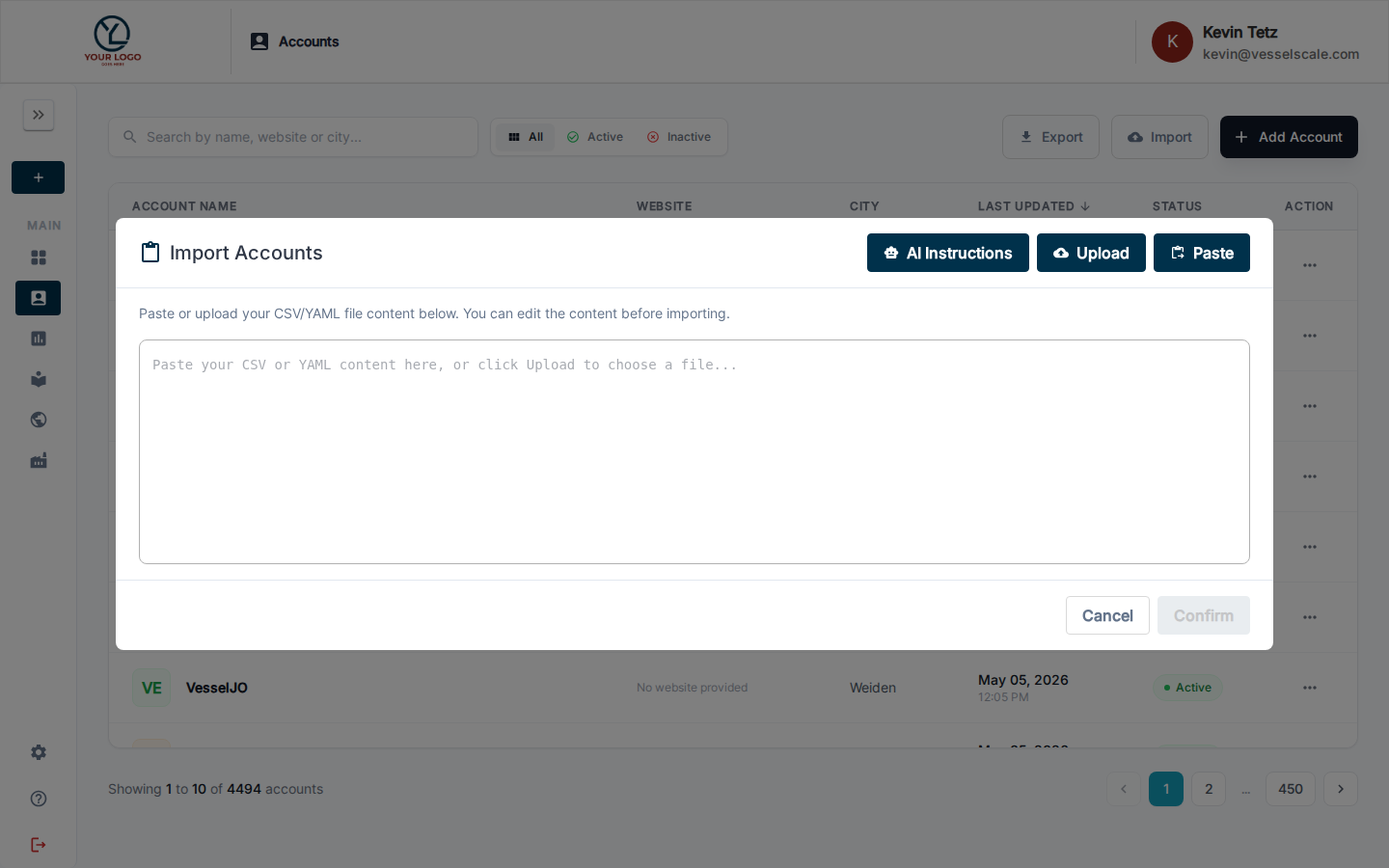 Import dialog with Paste, Upload, and edit options