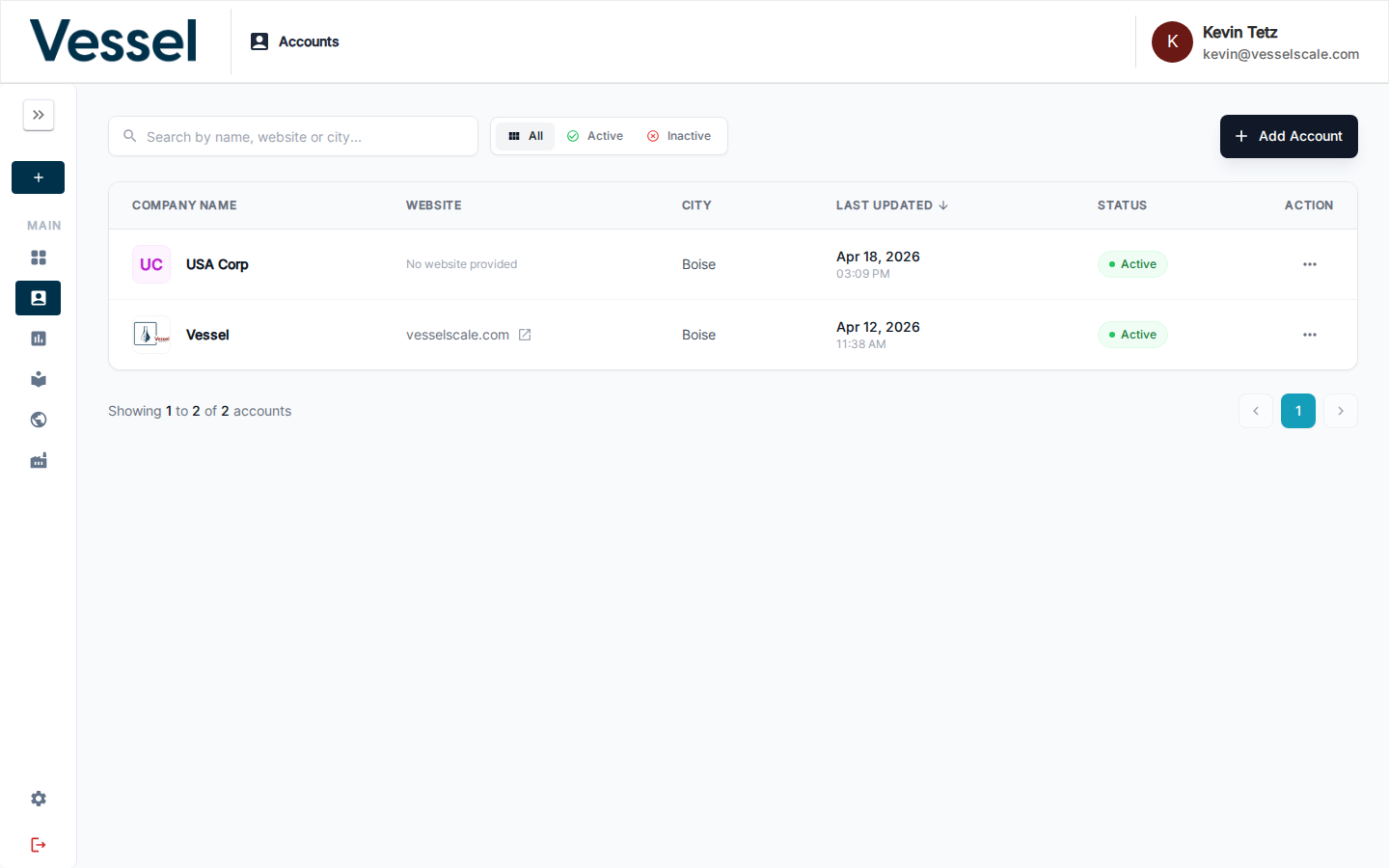 Accounts list showing company name, website, city, status, and last updated
