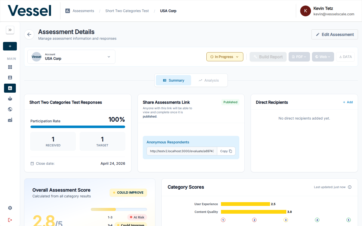 Assessment Details page showing Build Report button