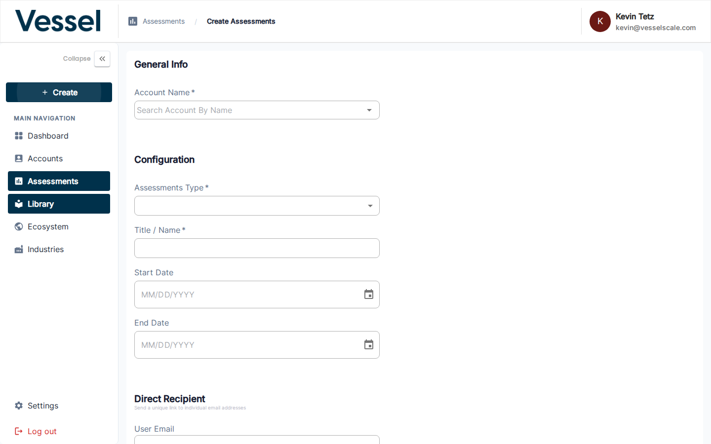 Create Assessments form