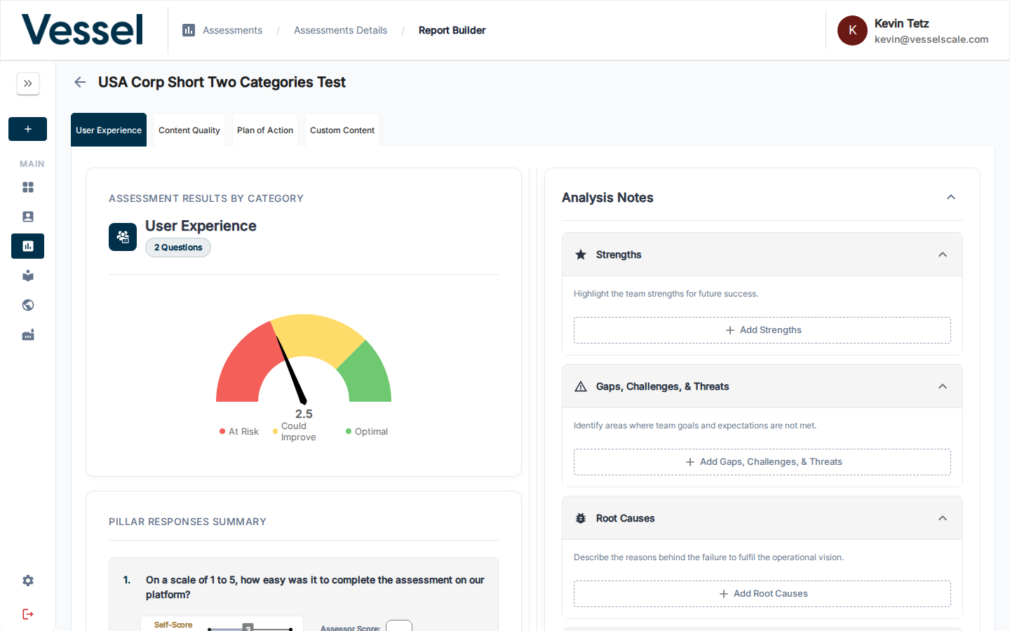 Report Builder showing category scores and analysis notes