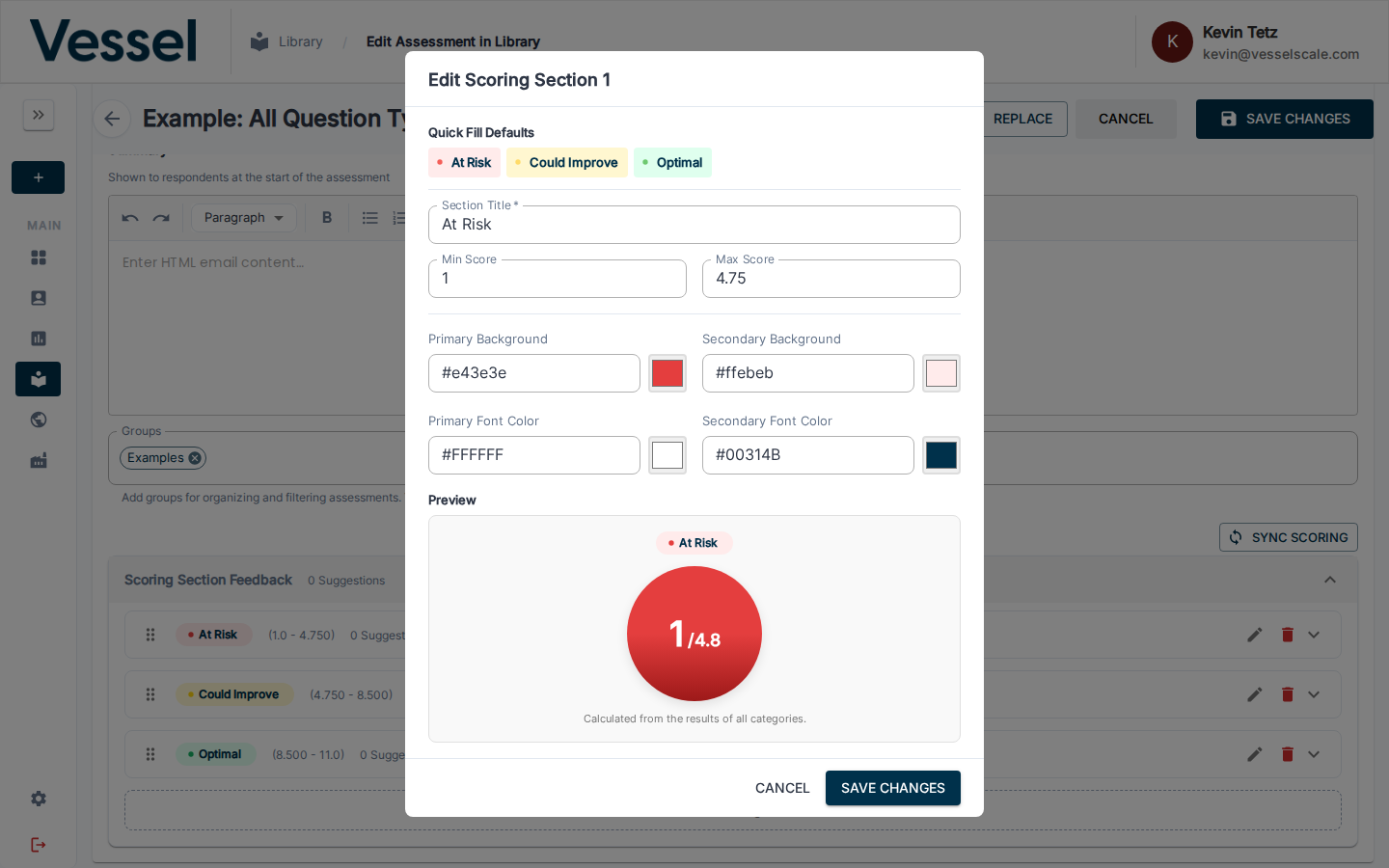Edit Scoring Section modal showing Section Title, Min/Max Score, color fields, and a live preview
