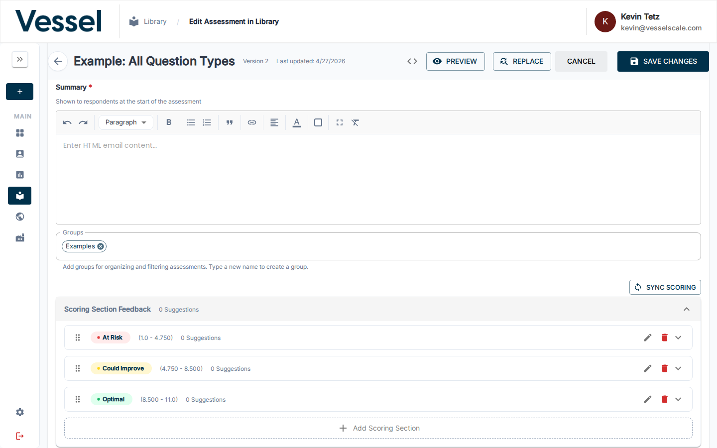 SYNC SCORING button above the expanded scoring sections list