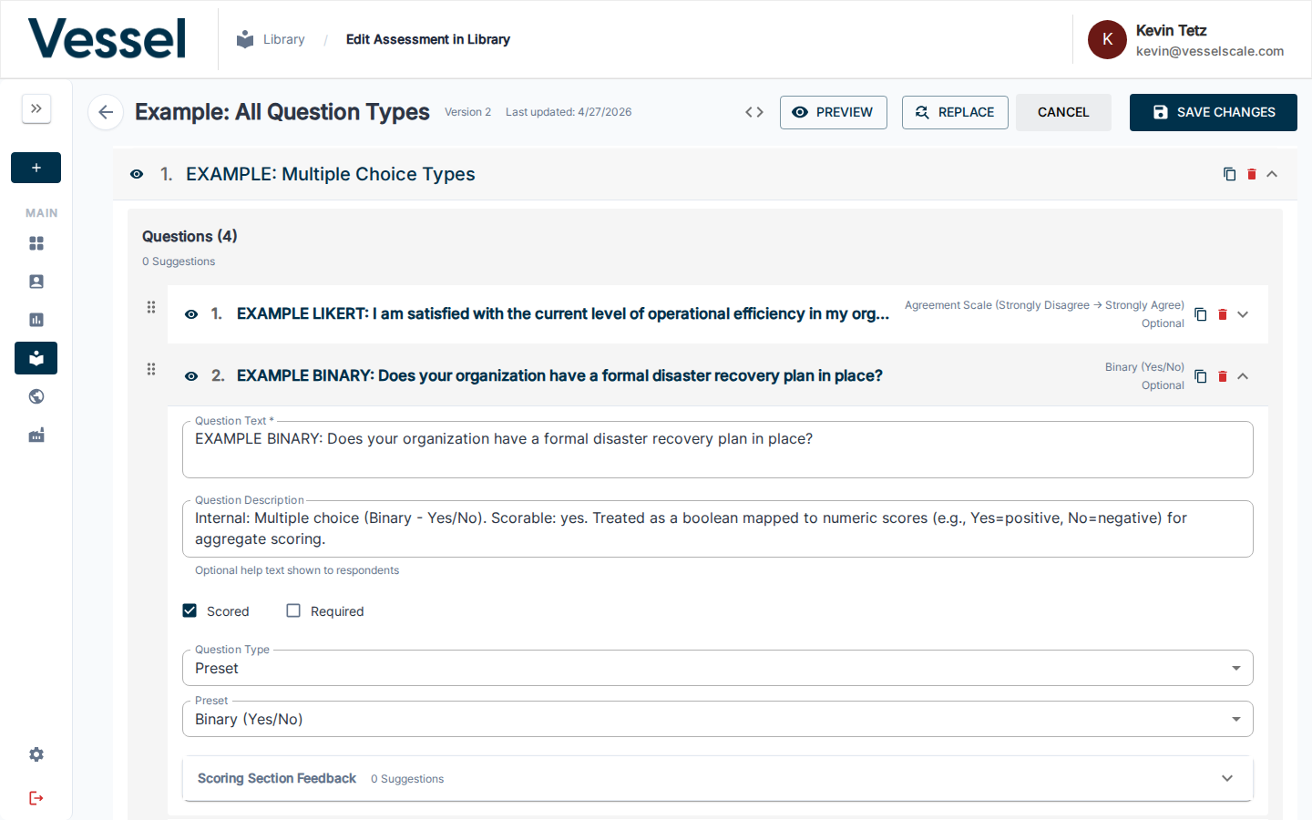 Binary question editor — Question Type "Preset" with Preset set to "Binary (Yes/No)"