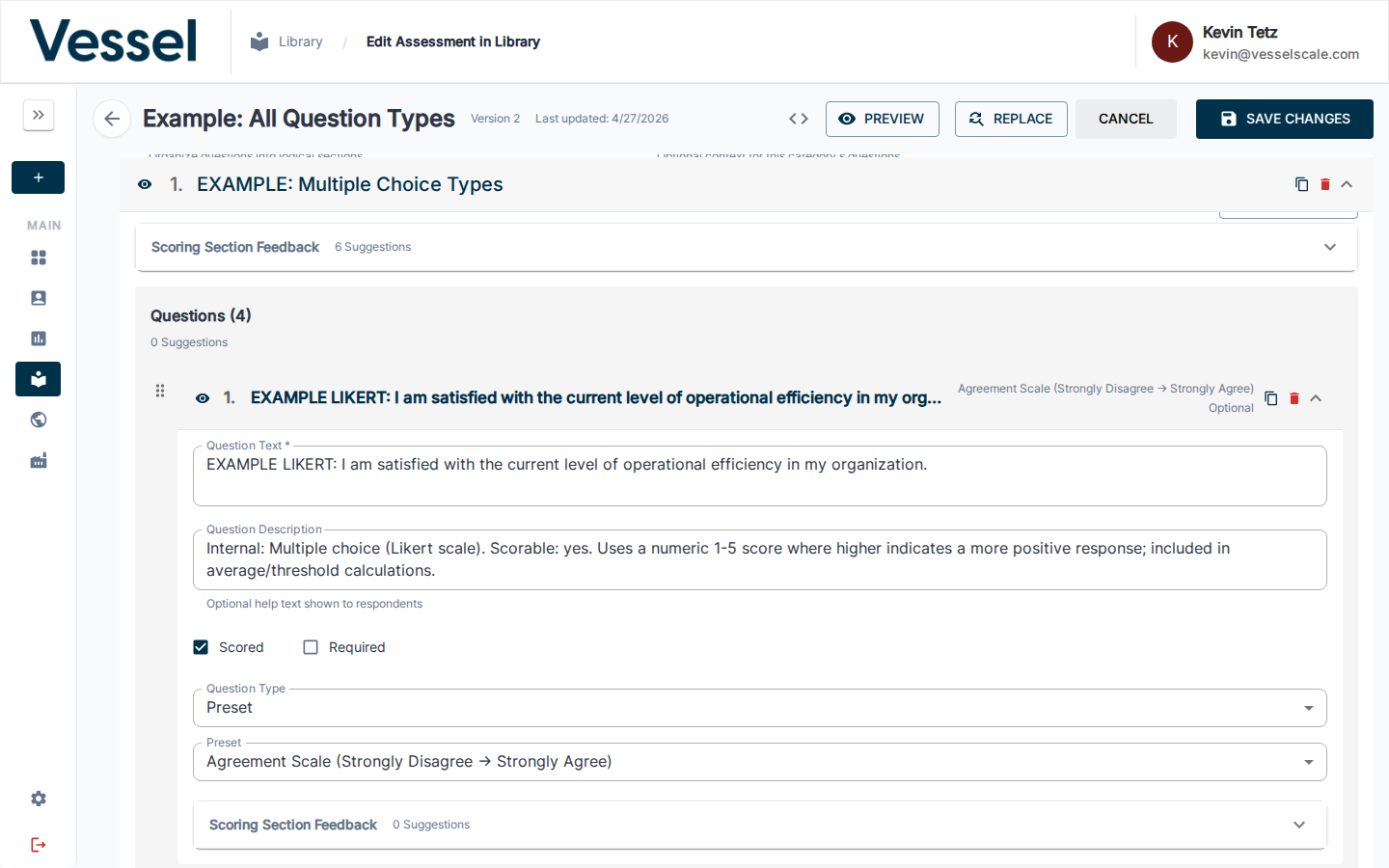 Likert question editor — Question Type "Preset" with Preset set to "Agreement Scale (Strongly Disagree → Strongly Agree)"