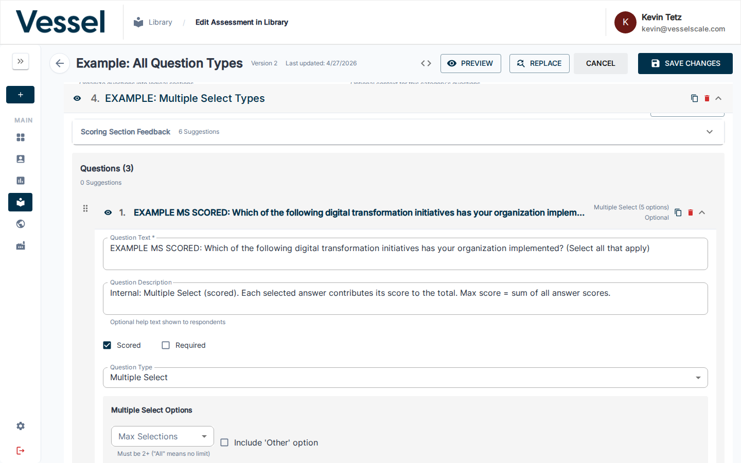 Multiple Select question editor — Question Type set to "Multiple Select" showing Max Selections and Include 'Other' option controls