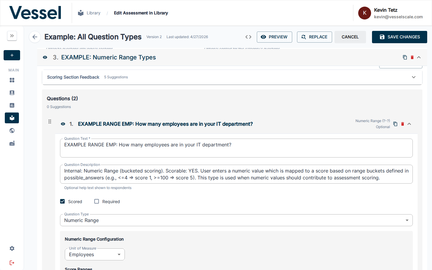 Numeric Range question editor — Question Type set to "Numeric Range" showing Unit of Measure and Score Ranges configuration