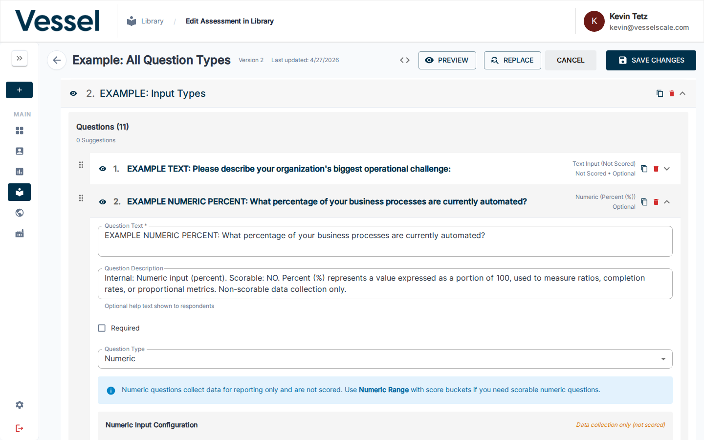 Numeric question editor — Question Type set to "Numeric" showing Numeric Input Configuration section