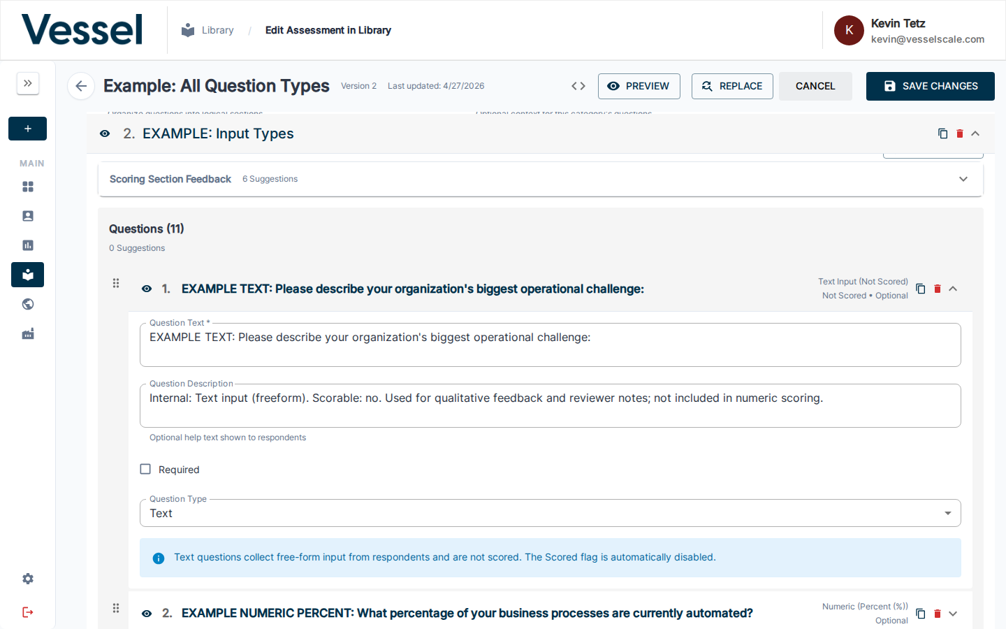 Text question editor — Question Type set to "Text" with no scoring options