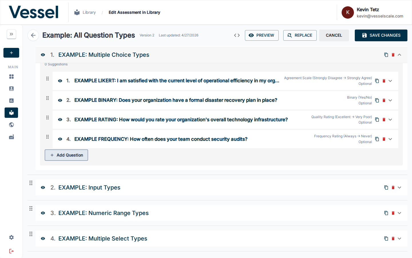 Assessment editor — categories and questions list showing question type labels on the right