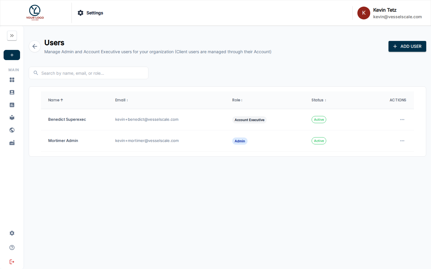 Users management showing active users list and invite option