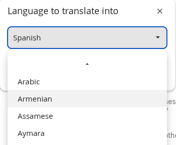 Translation menu showing available languages