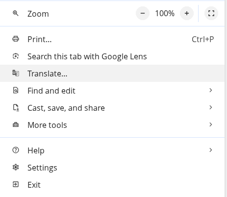 Chrome Tools Menu showing Translate option